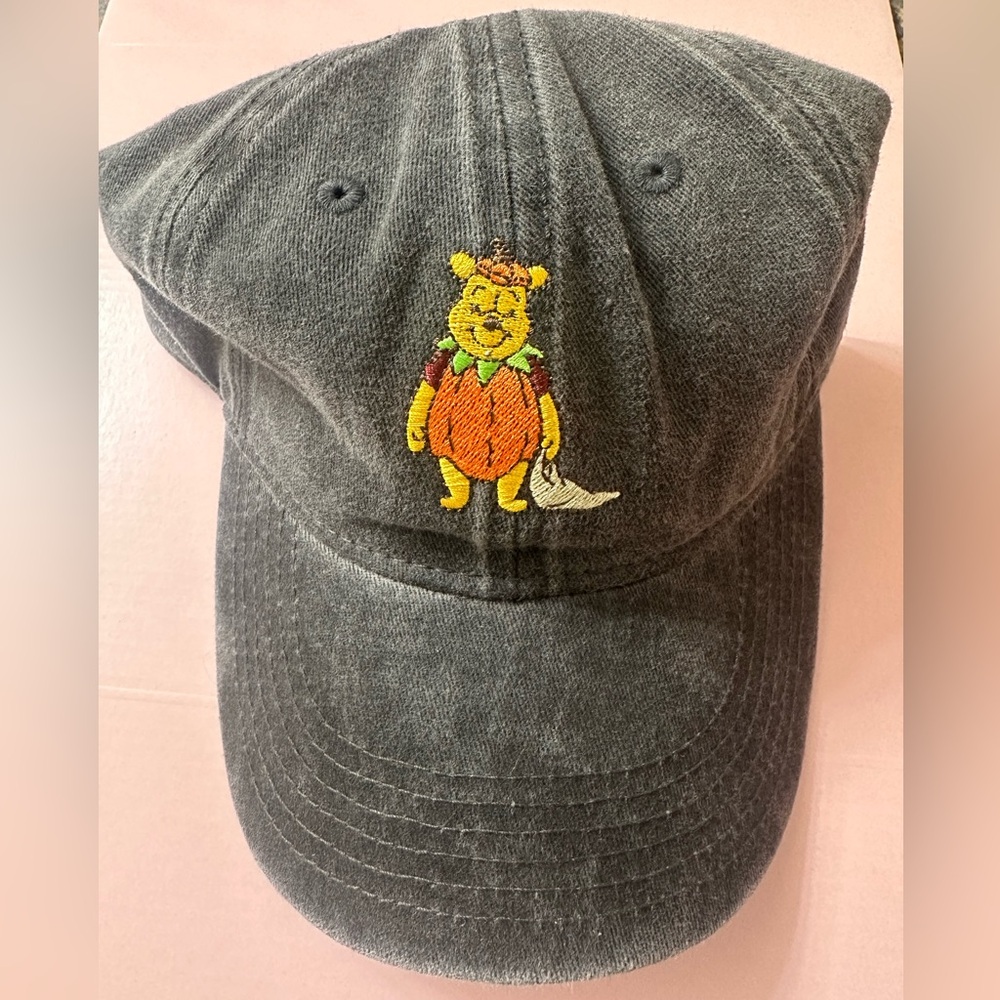 Gray Distressed Style Hat with Embroidered Winnie-the-Pooh Pumpkin